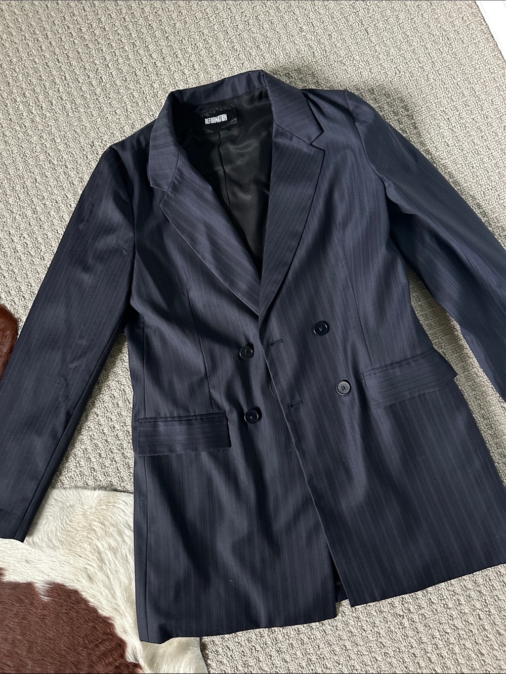 Reformation Navy Pinstripe Double-Breasted Blazer